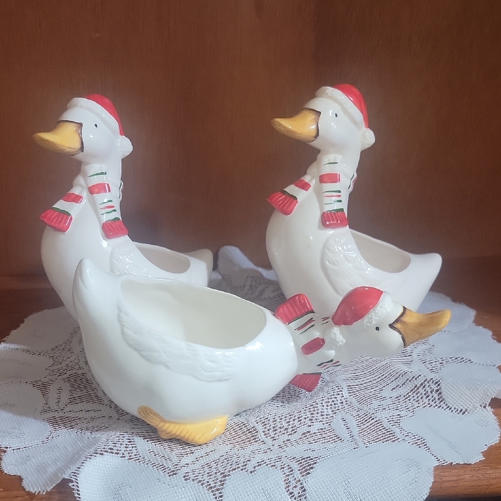 Vintage Frankel Holiday Duck Planter Figurines with Santa Hats